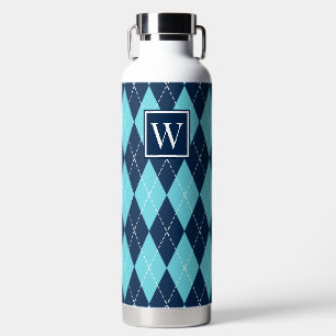 Botella De Agua Argyle Cosido a Mano - Monograma Turquesa y Azul M