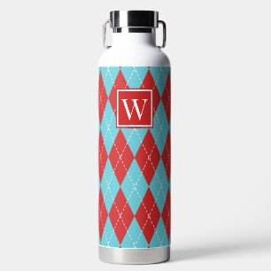 Botella De Agua Argyle de punto - Monograma rojo y turquesa