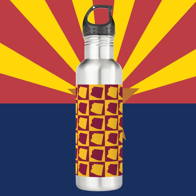 Botella De Agua Arizona Silhouette Pattern Maroon and Gold  (A water bottle with a maroon and gold pattern featuring the US state of Arizona)