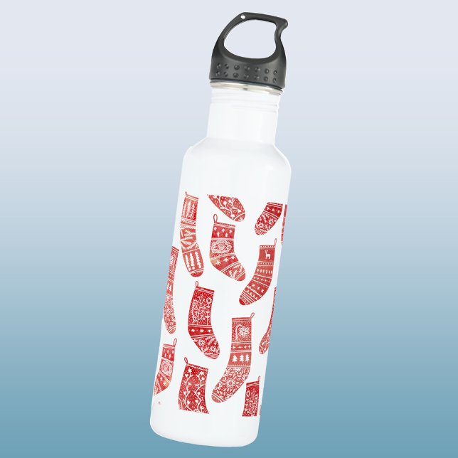 Botella De Agua Arsenales nórdicos blancos rojos (Nordic Stockings red and white Scandinavian festive Christmas pattern water bottle)