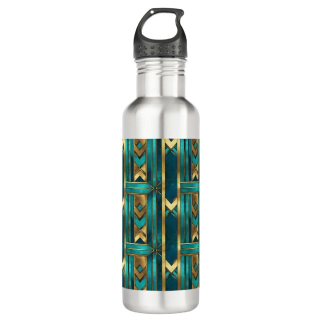 Botella De Agua Art Deco Geometric Arrows, Gold and Turquoise (Anverso)