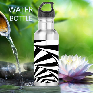Botella De Agua Arte abstracto de líneas onduladas en blanco y neg