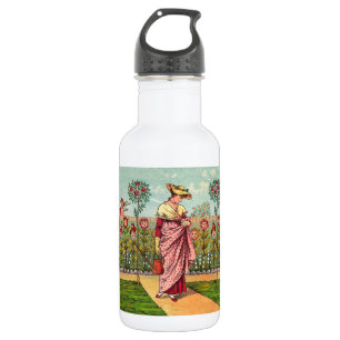 Botella De Agua Arte Antiguo Mujer Flor Creciente Jardín