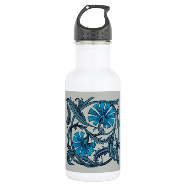 Botella De Agua Arte de azulejo rústico de flores antiguas azul vi (Anverso)