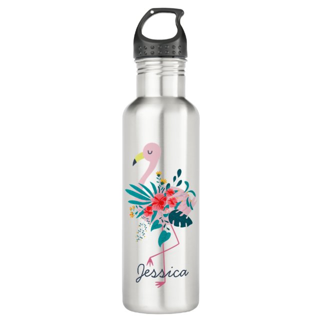 Botella De Agua Arte de flamencos florales tropicales (Anverso)