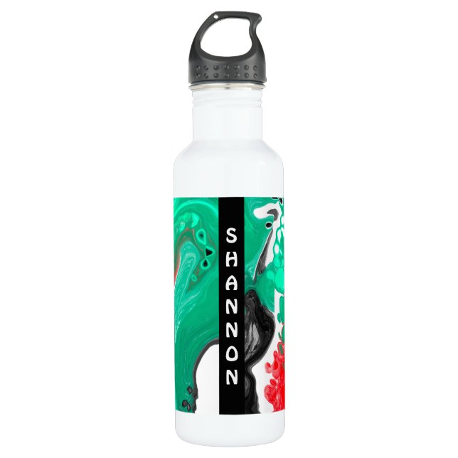 Botella De Agua Arte de fluido de mármol negro verde y rojo (Anverso)