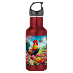 Botella De Agua Arte de gallo/gallina floral/primavera