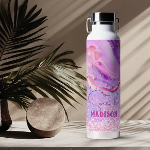 Botella De Agua Arte de mármol morado brillante monograma lindo