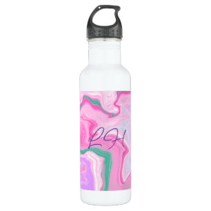 Botella De Agua Arte Monogramado Rosa, Púrpura, Mint Green Marble