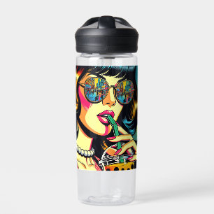 Botella De Agua Arte pop cómic Mujer bonita bebiendo Boba