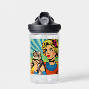 Botella De Agua Arte Pop Mujeres Dibujos Animados Sosteniendo Gato