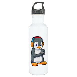 Botella De Agua Auriculares con música pingüino