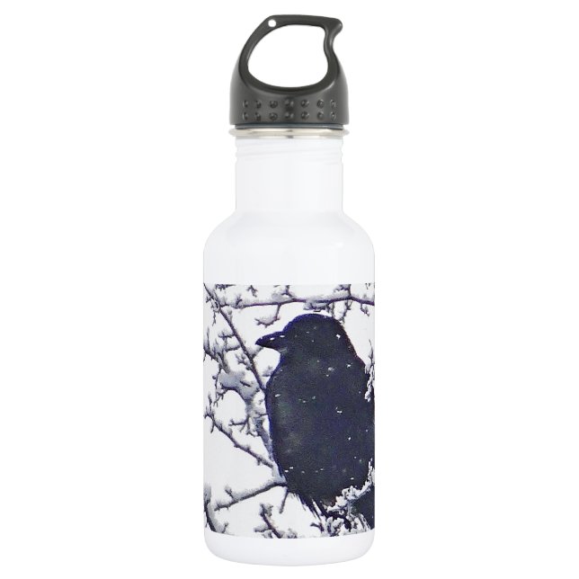 Botella De Agua Ave negra en ramas nevadas (Anverso)