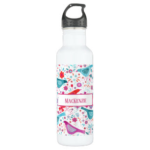 Botella De Agua Aves acuarelas y flores personalizadas