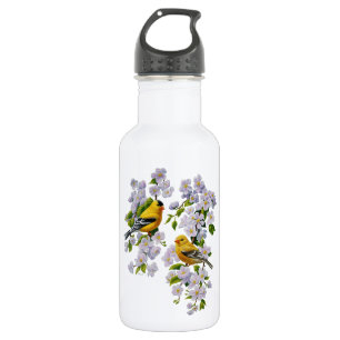 Botella De Agua Aves Goldfinch y flores color de fondo de selecció