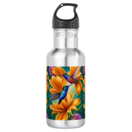 Botella De Agua Aves tartamudeadas en flores de Naranja