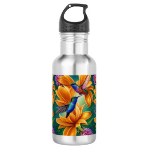 Botella De Agua Aves tartamudeadas en flores de Naranja