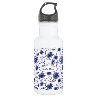 Botella de agua azul blanca floral con nombre