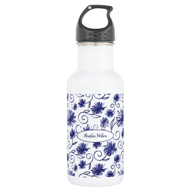 Botella de agua azul blanca floral con nombre (Anverso)