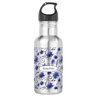 Botella de agua azul blanca floral con nombre