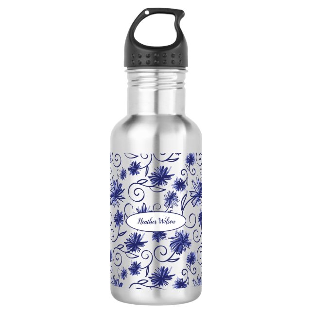 Botella de agua azul blanca floral con nombre (Anverso)
