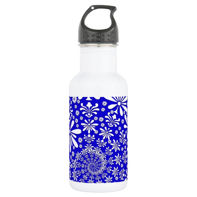 Botella De Agua Azul Cobalto y Patrón Floral Blanco (Anverso)