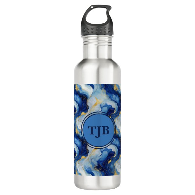 Botella de agua azul marbleizada personalizada (Anverso)