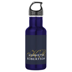 Botella De Agua Azul Marino Minimalista Monograma Oro Blanco Hombr