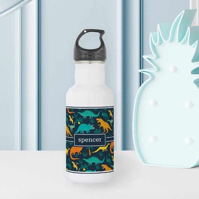 Botella De Agua Azul marino | Nombre del patrón de dinosaurios col (Subido por el creador)