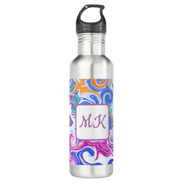 Botella De Agua Azul, Naranja, morado y arte fluido Verde azulado (Anverso)