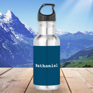Botella De Agua Azul Océano Oscuro Nombre Personalizado Minimalist