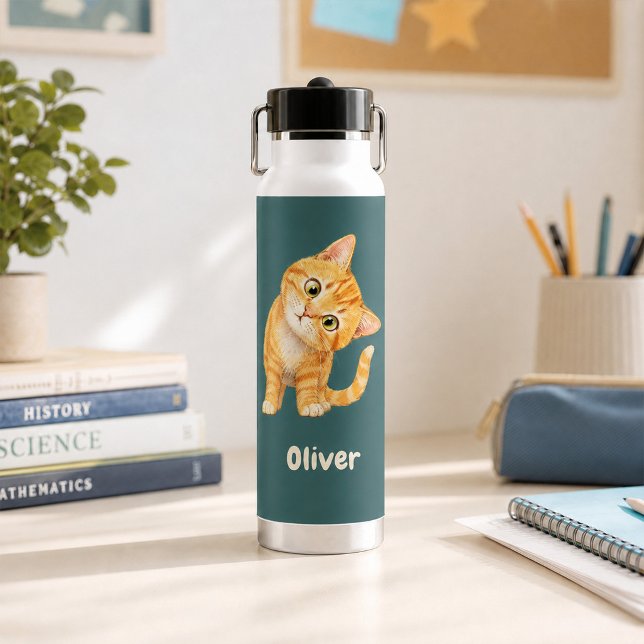 Botella de agua azul oscuro con gato naranja diver (Personalized Funny Orange Cat Dark Teal Water Bottle)