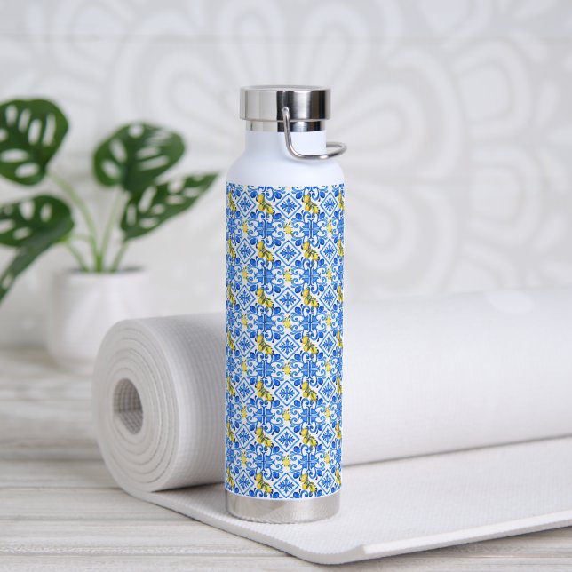 Botella De Agua Azulejo Azul Limón Amarillo (Yoga (girado))