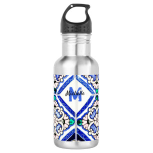 Botella De Agua Azulejo baldosas españolas patrón Navy Blanco Mono