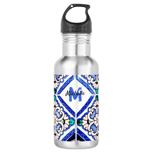 Botella De Agua Azulejo baldosas españolas patrón Navy Blanco Mono (Anverso)