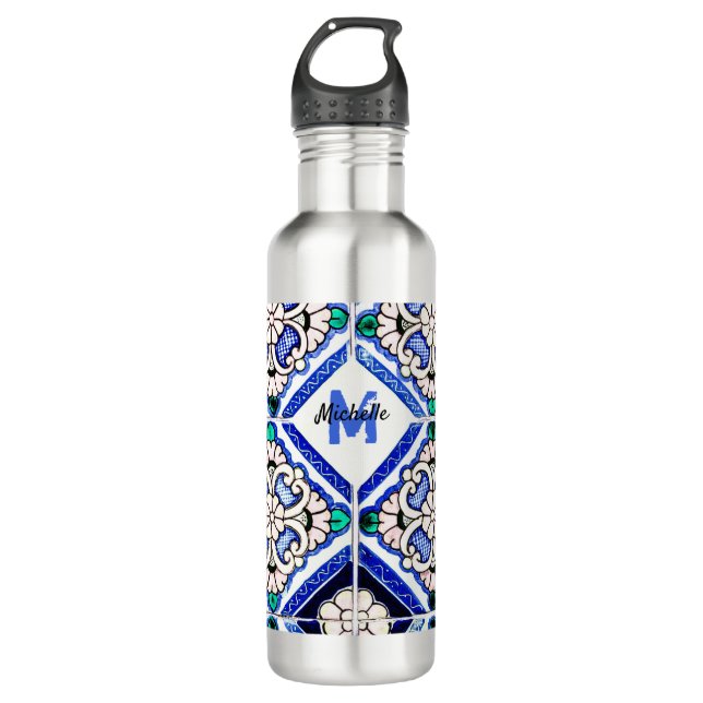 Botella De Agua Azulejo Patrón Español Mosaicos Naval Monograma Bl (Anverso)