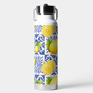 Botella De Agua Azulejo Patrón Limón Blanco Azul Mediterráneo Cítr