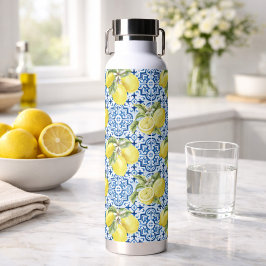Botella De Agua Azulejos Mediterráneos Blancos y Azules con Patrón