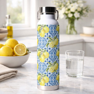 Botella De Agua Azulejos Mediterráneos Blancos y Azules con Patrón