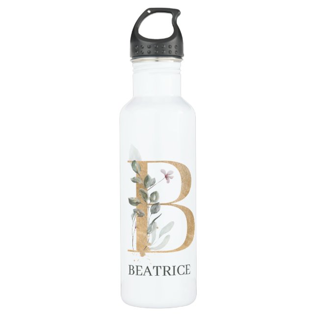 Botella De Agua B Monograma Floral Personalizado (Anverso)