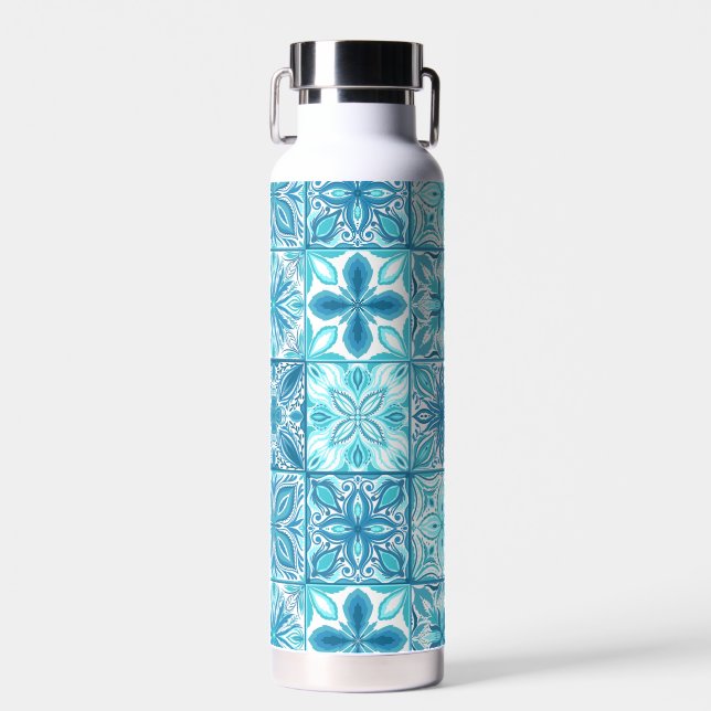 Botella De Agua Baldosas orgánicas en azul y blanco (Delantero)