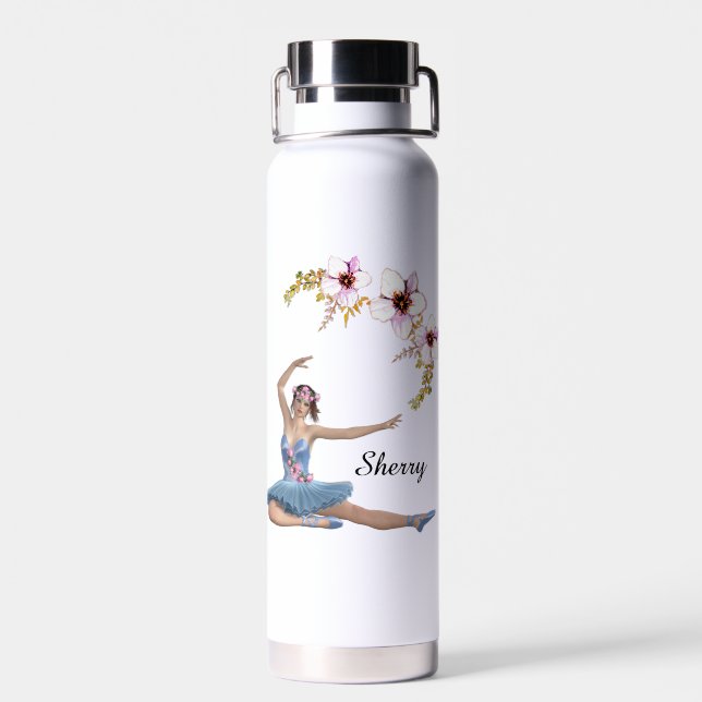 Botella De Agua Ballerina con flores azules rosas personales (Atrás)