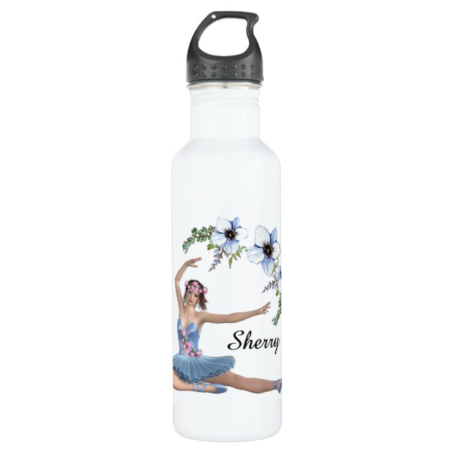 Botella De Agua Ballerina con nombre personal azul (Anverso)