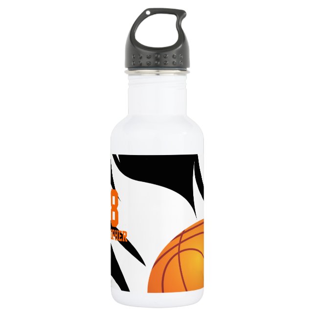 Botella De Agua Baloncesto flamado personalizado negro y blanco (Anverso)