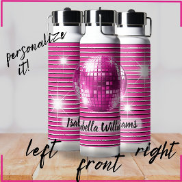 Botella De Agua Banda blanca rosa Black Stripe Disco Ball Sparkle 