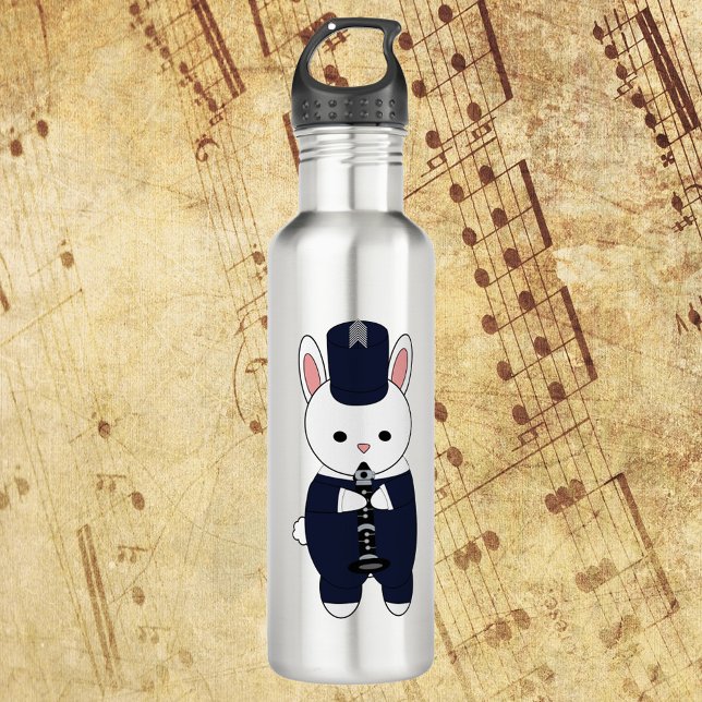 Botella De Agua Banda de marcha Clarinet Rabbit Navy Blue White (A water bottle with a rabbit playing the clarinet wearing a navy blue & white marching band uniform.)