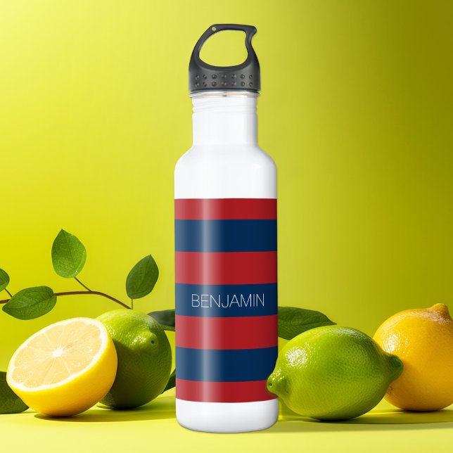 Botella De Agua Bandas de rugby rojo y azul marino con nombre pers (Personalized water bottle - sports design)