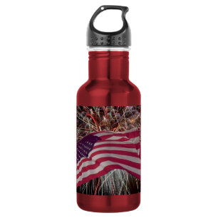 Botella De Agua Bandera Americana y Fuegos Artificiales