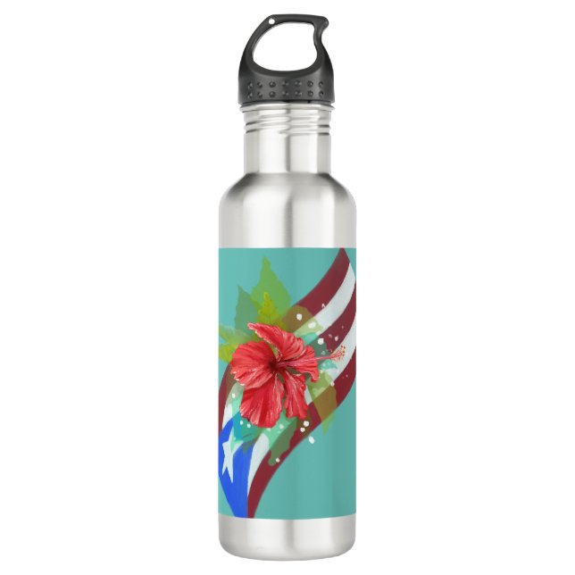Botella De Agua Bandera de Puerto Rico con flor de maga (Anverso)