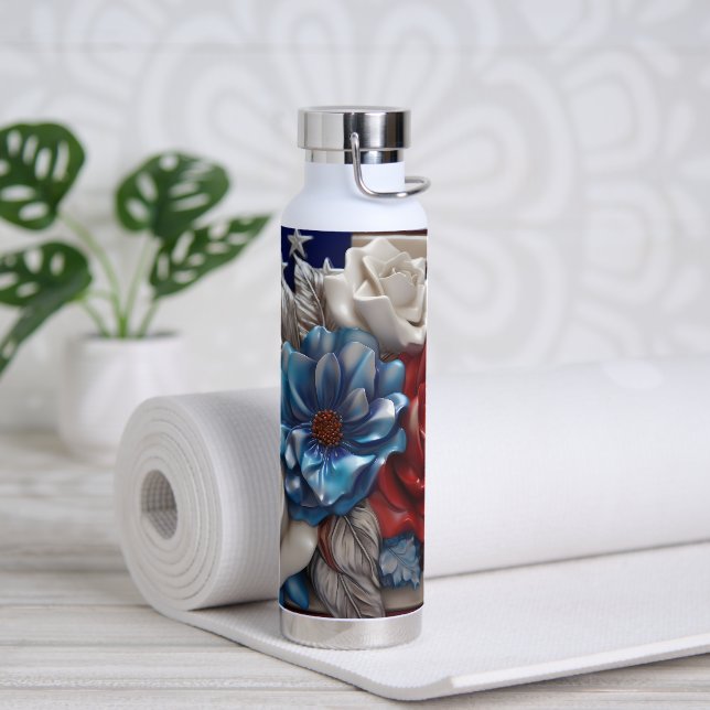 BOTELLA DE AGUA BANDERAS DE FLORES AZULES ROJOS PATRIOTAS (Yoga)